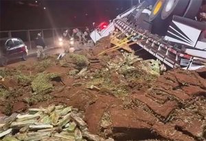 Caminhão tomba com 1t de maconha em frente à PM