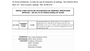 Confira o Edital para pauta de julgamento do Tribunal Disciplinar Especial da Copa Itatiaia Vale do Aço 2023/2024