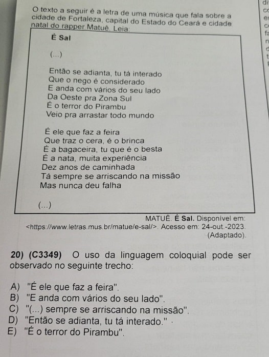 Letra de Matuê usada em questão de prova