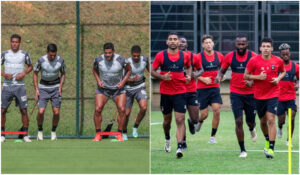 Jogadores de Atltico e Caracas em treinamentos antes de confronto pela Libertadores (foto: Daniela Veiga/Atltico e Divulgao/Caracas)