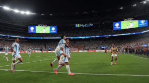 Jogadores da Argentina comemorando gol sobre Peru, na Copa Amrica (foto: Rob Carr/Getty Images North America/AFP)