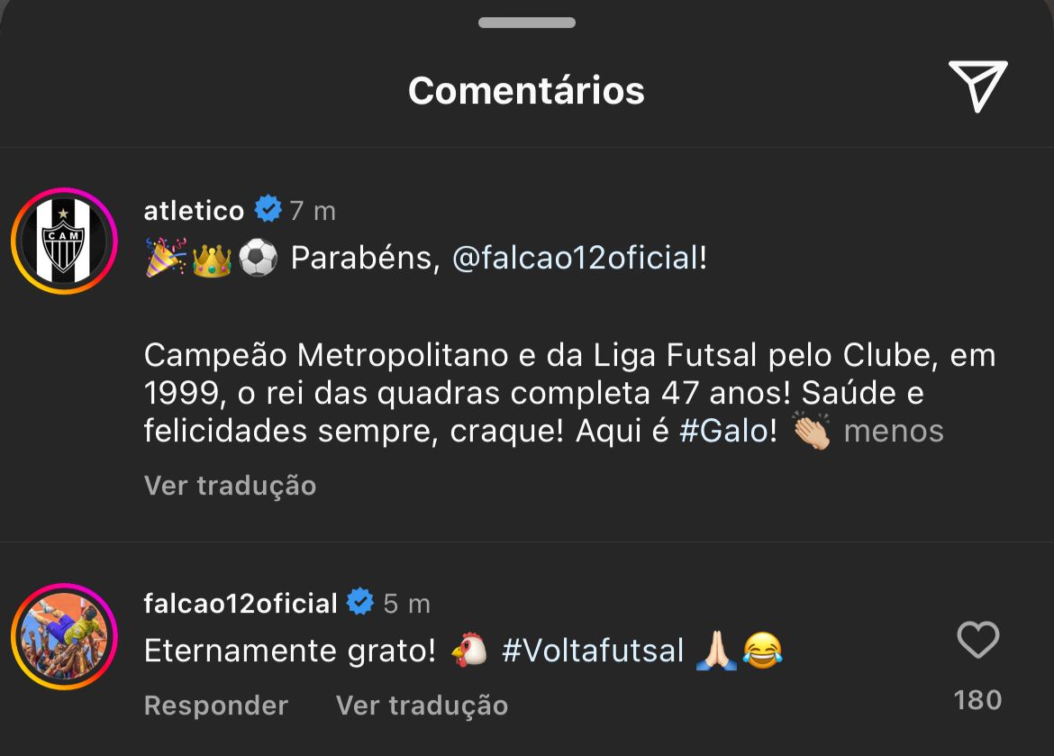 Comentrio de Falco em postagem de aniversrio do Atltico - (foto: Reproduo/Instagram) Comentrio de Falco em postagem de aniversrio do Atltico - (foto: Reproduo/Instagram)