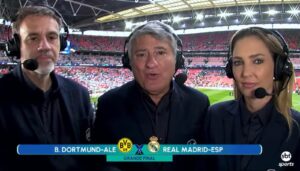 Mauro Beting, Clber Machado e Nadine Bastos estiveram 'in loco' em Wembley (foto: Reproduo/SBT)