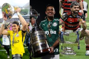 Cssio segurando o trofu do Campeonato Brasileiro; Dudu segurando o trofu da Copa Libertadores; Gabigol ao lado do trofu da Copa do Brasil (foto: Agncia Corinthians - Cesar Greco/Palmeiras - Divulgao/X/Copa do Brasil )