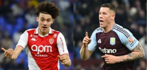 Akliouche, do Monaco, e Barkley, do Aston Villa (foto: KARIM JAAFAR / AFP e JUSTIN TALLIS / AFP)