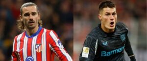 Antoine Griezmann, do Atltico de Madrid, e Patrik Schick, do Bayer Leverkusen (foto: Odd ANDERSEN / AFP e Pierre-Philippe MARCOU / AFP)