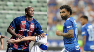 J, atacante do Itabirito, e Gabigol, atacante do Cruzeiro (foto: Rafael Leandro/Itabirito; Alexandre Guzanshe/EM/D.A Press)