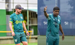 William Batista, tcnico do Amrica, e Wesley Carvalho, tcnico interino do Cruzeiro (foto: Mouro Panda/Amrica ---- Reproduo/TV Cruzeiro)