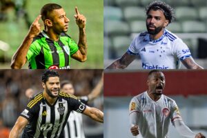 Montagem com as fotos de jogadores de Amrica, Atltico, Cruzeiro e Tombense (foto: Mouro Panda/Amrica - Gustavo Aleixo/Cruzeiro - Pedro Souza / Atltico - Hugo Lopes / FMF)