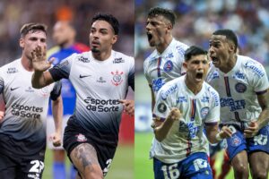 Jogadores do Corinthians e Bahia comemorando (foto: Divulgao / Corinthians e Bahia)