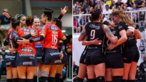 Jogadoras do Bauru e do Osasco comemorando (foto: Bauru/Divulgao e Osasco/Divulgao)