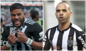 Hulk e Tardelli comemoram gols pelo Atltico (foto: Pedro Souza/Atltico e Juarez Rodrigues/EM/D.A Press)