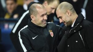 Leonardo Jardim cumprimenta Pep Guardiola antes do incio do confronto entre Manchester City x Monaco, pela ida das oitavas da Champions League 2016/2017 (foto: OLI SCARFF/AFP (21/2/2017)