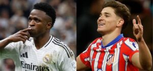 Vinicius Jr., do Real Madrid, e Julin lvarez, do Atltico de Madrid (foto: KARIM JAAFAR / AFP e Pierre-Philippe MARCOU / AFP)