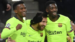 Nelson Semedo, Lionel Messi e Ousmane Dembl juntos pelo Barcelona (foto: AFP / EMMANUEL DUNAND)