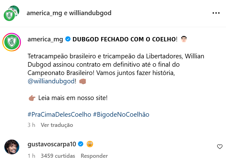 Reao de Gustavo Scarpa  chegada de Willian Bigode ao Amrica - (foto: Reproduo Instagram)