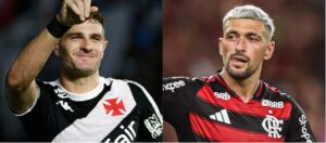 Vegetti, do Vasco, e Arrascaeta, do Flamengo (foto: Matheus Lima/Vasco e PaulaReis/Flamengo)