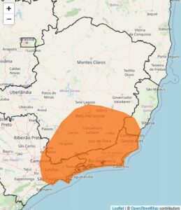 Inmet emite alerta de 'perigo' de chuvas intensas para 20 cidades do Leste de Minas Gerais