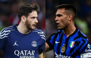 Kvaratskhelia, do PSG, e Lautaro Martnez, da Internazionale (foto: Adrian Dennis / AFP e Piero CRUCIATTI / AFP)