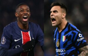 Dembel, do PSG, e Lautaro Martnez, da Inter de Milo (foto: FRANCK FIFE / AFP e Marco BERTORELLO / AFP)