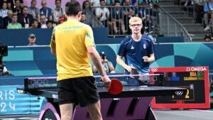 Hugo Calderano contra Felix Lebrun na Olimpada de Paris 2024 (foto: Leandro Couri/EM/D.A Press)