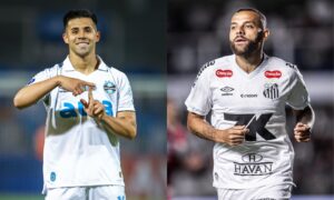 Aravena, do Grmio, e Guilherme, do Santos em campo (foto: Lucas Uebel/Grmio FBPA e  Raul Baretta/ Santos FC)