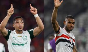 Vtor Roque, do Palmeiras, e Andr Silva, do So Paulo, lado a lado (foto: Cesar Greco/Palmeiras e Rubens Chiri / So Paulo FC)