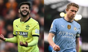 Adam Lallana, do Southampton, e De Bruyne, do City (foto: Paul Ellos / AFP e Oli Scarff / AFP)