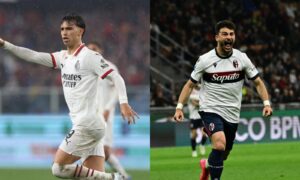Jogadores de Milan e Bologna em campo (foto: Divulgao / Milan e Divulgao / Bolgna)