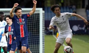 Marquinhos, zagueiro do PSG, e Nakamura, atacante do Reims, lado a lado (foto: Franck Fife / AFP e Miguel Medina / AFP)