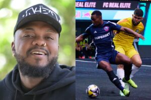 Montagem com foto do rapper Djonga e de um lance da Kings League Brasil (foto: Leandro Couri/EM/D.A - Divulgao / Kings League)