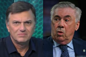 Montagem com foto de Mauro Cezar Pereira e Carlo Ancelotti (foto: Reproduo - Mauro PIMENTEL / AFP)