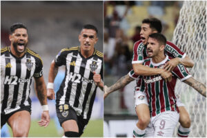 Jogadores de Atltico e Fluminense em comemoraes de gols (foto: Montagem com imagens de Alexandre Guzanshe/EM/D.A. Press e Lucas Meron/Fluminense)