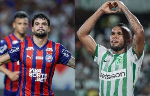 Cauly, do Bahia, e Andr Sarmiento, do Atltico Nacional (foto: Rafael Rodrigues/EC Bahia e Divulgao/Atltico Nacional)