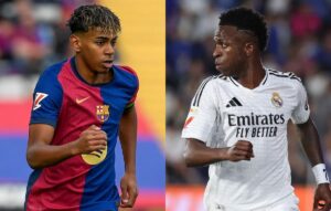 Lamine Yamal, do Barcelona, e Vinicius Jr, do Real Madrid (foto: Josep LAGO / AFP e Thomas COEX / AFP)