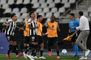 Jogadores do Botafogo comemoram gol contra o Estudiantes na Libertadores (foto: MAURO PIMENTEL/AFP)