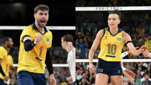 Bruninho e Gabi Guimres, capites das Selees Brasileiras Masculina e Feminina de Vlei em Paris 2024 (foto: NATALIA KOLESNIKOVA/AFP e Leandro Couri/EM/D.A Press)