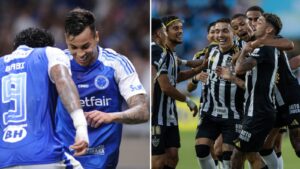 Jogadores de Cruzeiro e Atltico comemorando gols (foto: Alexandre Guzanshe/EM/D.A Press e Pedro Souza/Atltico)