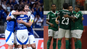 Jogadores de Cruzeiro e Palmeiras celebrando gols (foto: Gustavo Aleixo/Cruzeiro; Cesar Greco/Palmeiras)