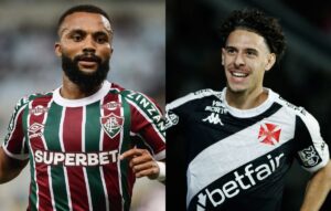 Samuel Xavier, do Fluminense, e Nuno Moreira, do Vasco (foto: LUCAS MERON / FLUMINENSE F.C. e Matheus Lima/Vasco.)