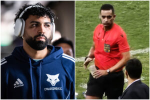 Gabigol no gostou de ver um torcedor do Cruzeiro arremessar um copo no campo do Mineiro (foto: Gustavo Aleixo/Cruzeiro e Joo Victor Pena/No Ataque)