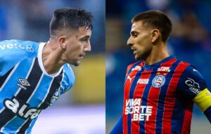 Villasanti, do Grmio, e Acevedo, do Bahia (foto: LUCAS UEBEL/GREMIO FBPA e Letcia Martins/EC Bahia)