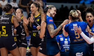 Time do Praia comemorando e, ao lado, time do Minas comemorando (foto: Bruno Cunha e Hedgard Moraes/Minas Tnis Clube )