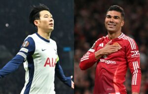 Son, do Tottenham, e Casemiro, do Manchester United (foto: JUSTIN TALLIS / AFP e Oli SCARFF / AFP)
