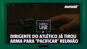 reproduo gerada com IA do caso em que dirigente do Atltico colou uma arma na mesa 'pacificar reunio do Conselho (foto: Arte + Imagem gerada com IA)
