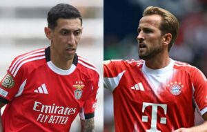 Di Mara, do Benfica, e Harry Kane, do Bayern de Munique (foto: ALEX GRIMM / GETTY IMAGES NORTH AMERICA / Getty Images via AFP) e Paul ELLIS / AFP)