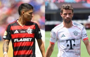 Luiz Arajo, do Flamengo, e Thomas Muller, do Bayern de Munique (foto: Gilvan de Souza/Flamengo e Kevin C. Cox / GETTY IMAGES NORTH AMERICA / Getty Images via AFP)