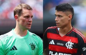 Manuel Neuer, goleiro do Bayern de Munique, e Luiz Arajo, atacante do Flamengo (foto: Kevin C. Cox / GETTY IMAGES NORTH AMERICA / Getty Images via AFP e Gilvan de Souza/Flamengo)