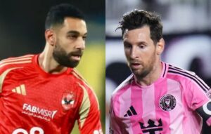 Amrelsoulia, do Al Ahly, e Lionel Messi, do Inter Miami (foto: Divulgao/Al Ahly e Rich Storry / GETTY IMAGES NORTH AMERICA / Getty Images via AFP)