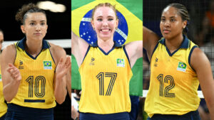 Gabi Guimares, Jlia Bergmann e Ana Cristina, ponteiras da Seleo Brasileira Feminina de Vlei (foto: Natalia KOLESNIKOVA / AFP)
